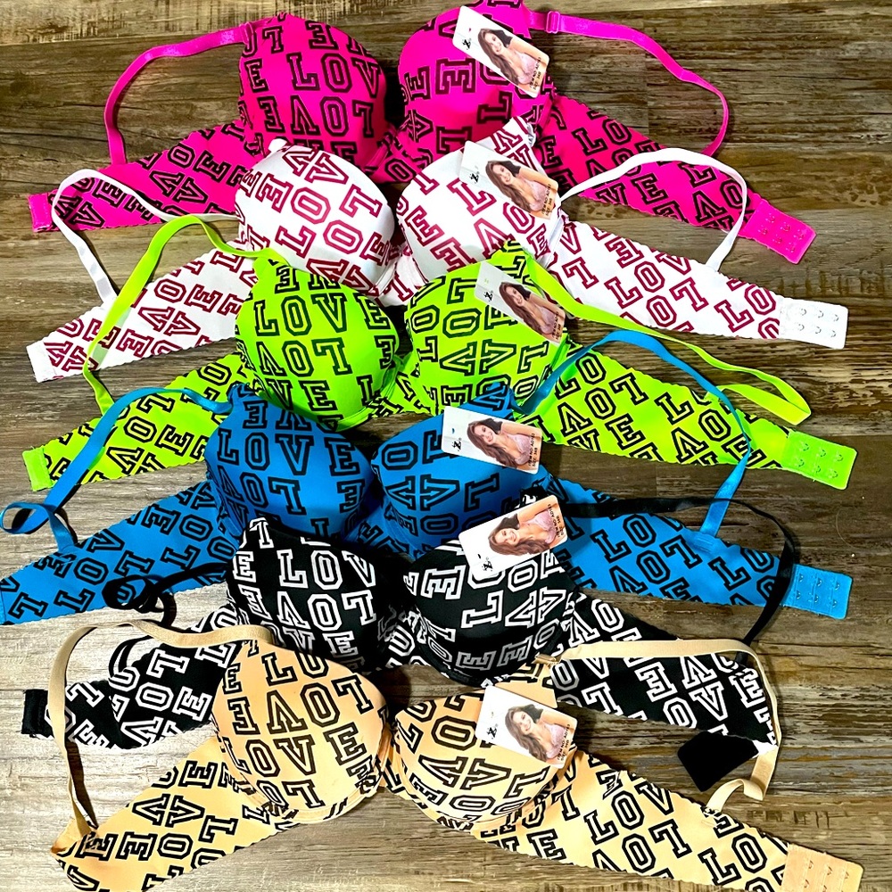 Multiple sizes!!! Set of 6 love bras! All new with tags still wrapped in bags.